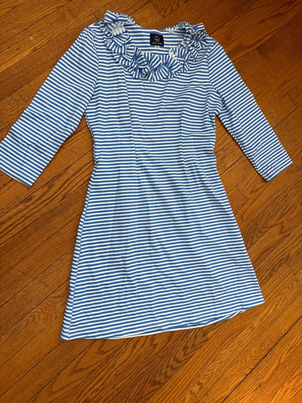 Blue and White Striped Ruffle-Neck Maxi Dress